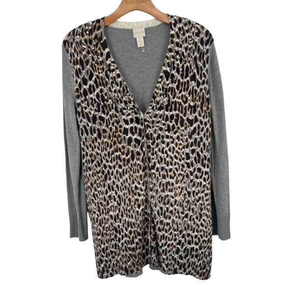 Chico's Leopard Print Open Cardigan Sweater Gray Long Sleeve Women's Size medium - Picture 1 of 10